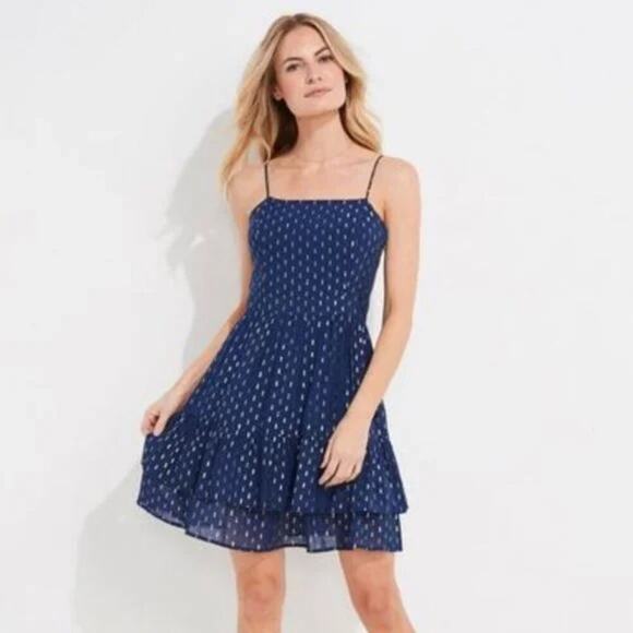VINYARD VINES Navy Blue & Gold Metallic Dot Ruffle Dress size 4 - Picture 1 of 9